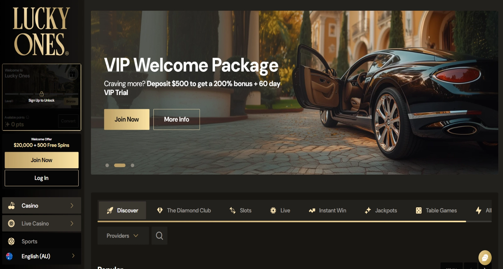 LuckyOnes Australian homepage showing the AU$20,000 + 500 free spins welcome bonus
